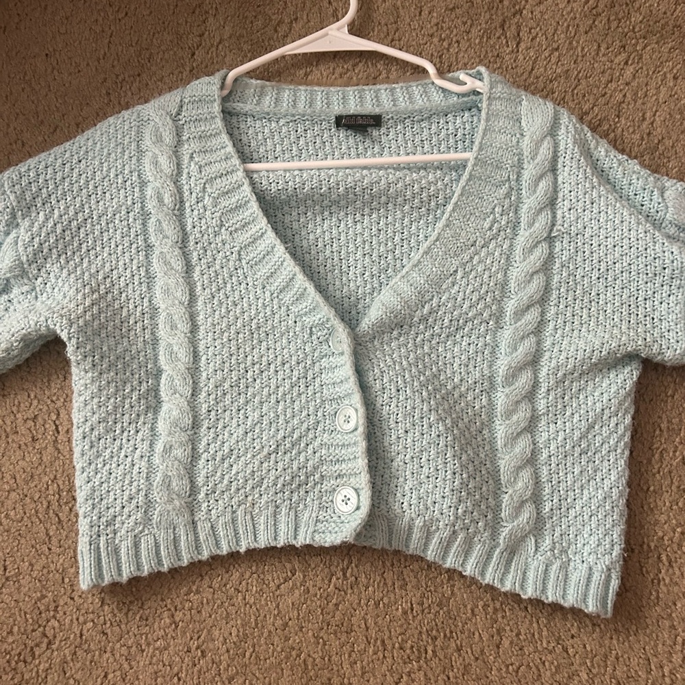 Blue cardigan With pink flower sleeves